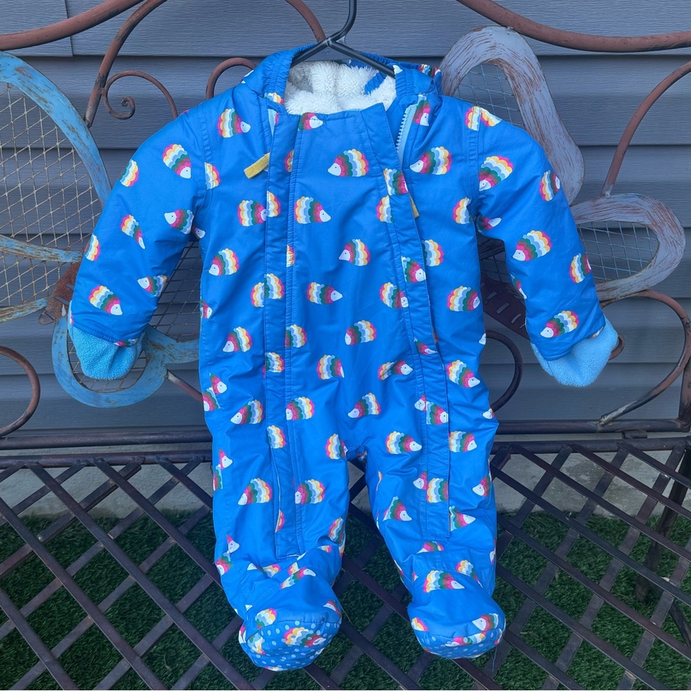 Baby Boden Blue Fleece snowsuit with rainbow hedgehogs